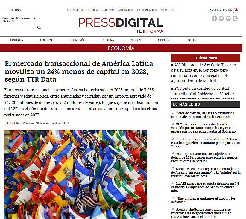 El mercado transaccional de Amrica Latina moviliza un 24% menos de capital en 2023, segn TTR Data